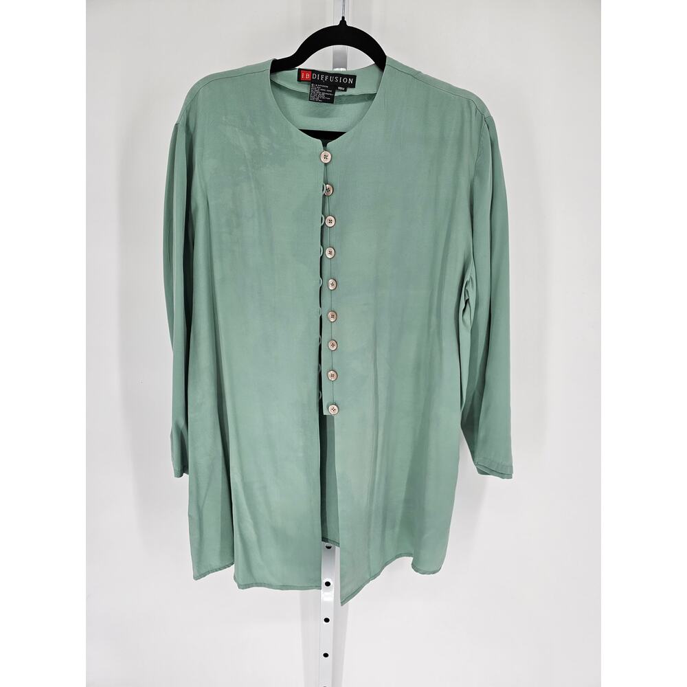 IB Diffusion Women's Green Silk Long Sleeve Half Button Casual Top Size 18W